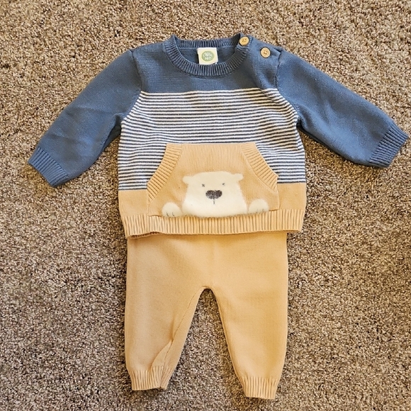 Little Me Blue And Tan Baby Outfit Sweater With Bear And Pants ☆ 3 Months EUC - Picture 1 of 5